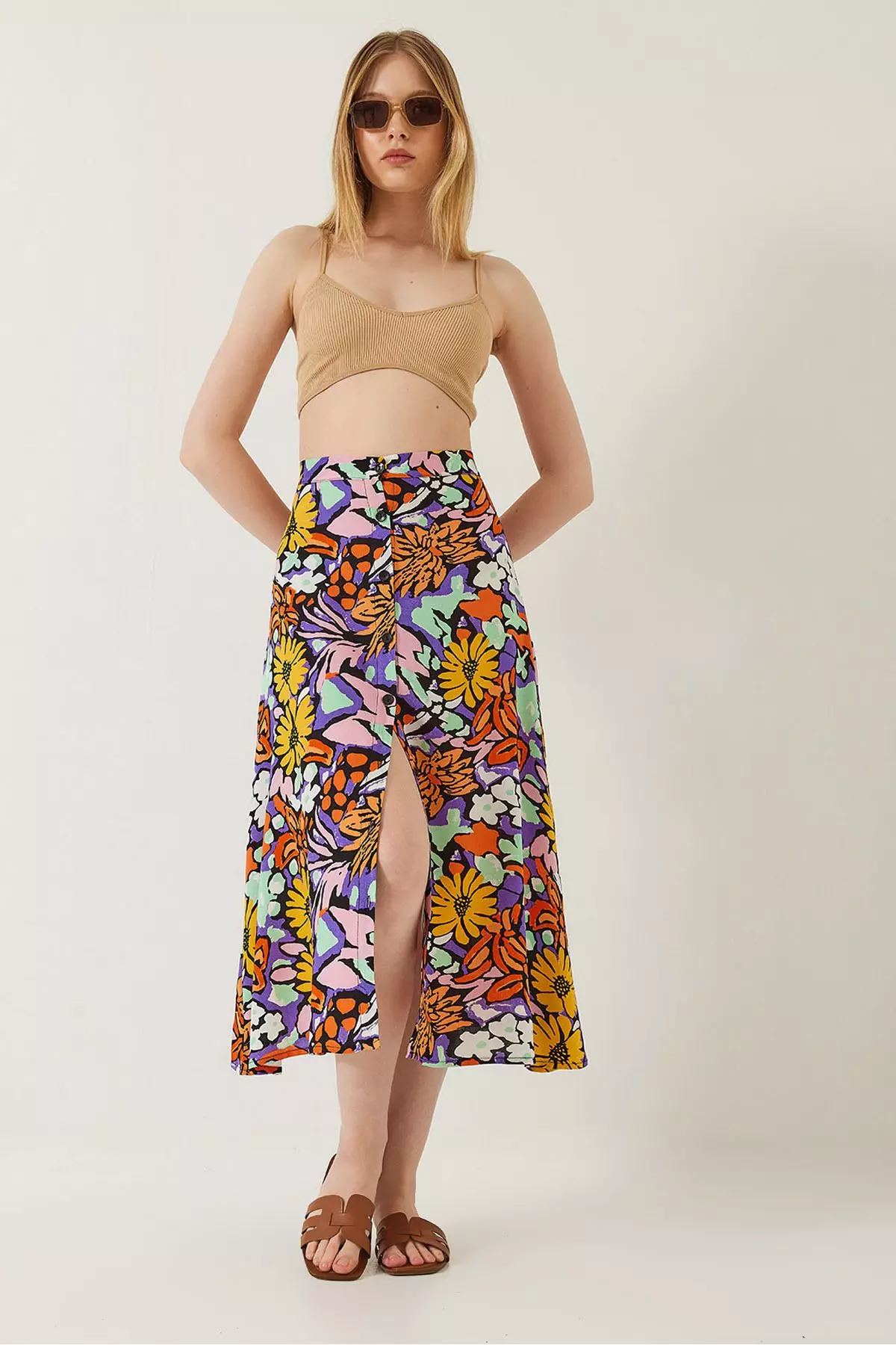 Women's Multi Patterned Front Buttoned Viscose Skirt 60261351