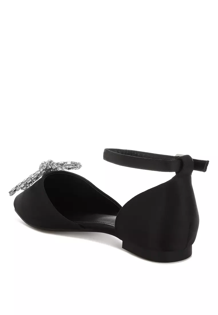 Rhinestone Detail Bow Flat Sandals in Black