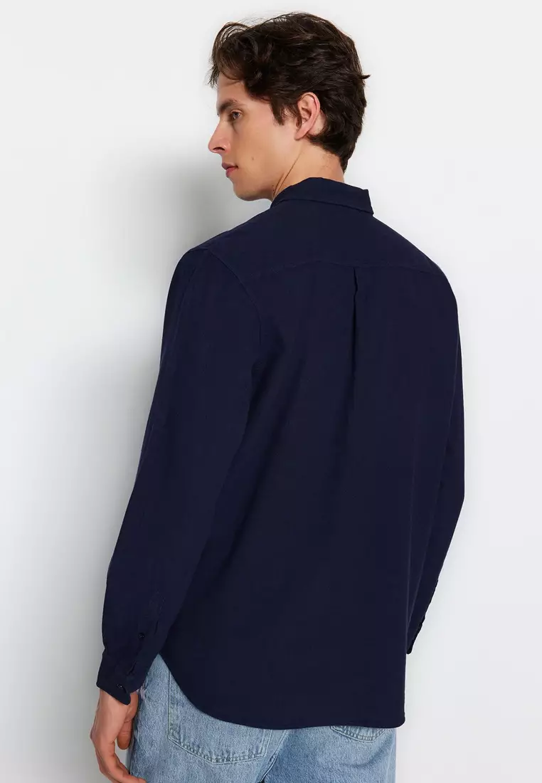 Navy Blue Unisex Regular Fit 100% Cotton Linen Look Shirt TMNSS23GO00099 TMNSS23GO00099