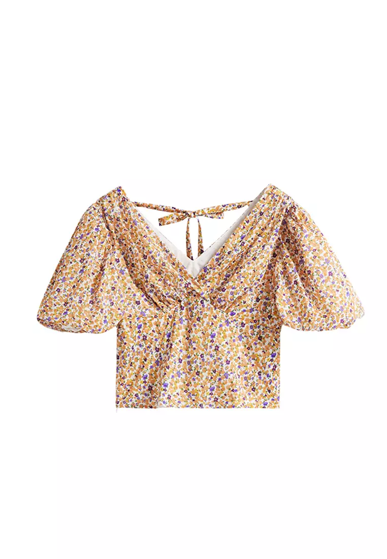 V-Neck Puff Sleeve Floral Blouse