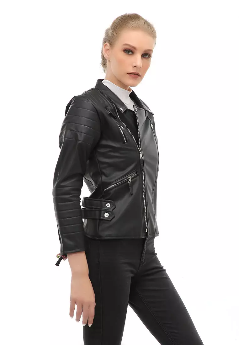 Glenice Jacket Outer Wanita Lengan Panjang Windproof Zipper Pocket Material Leather ORIGINAL
