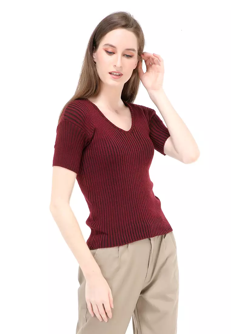 Amora Vneck Rajut Short Sleeves Atasan Casual Wanita - Maroon