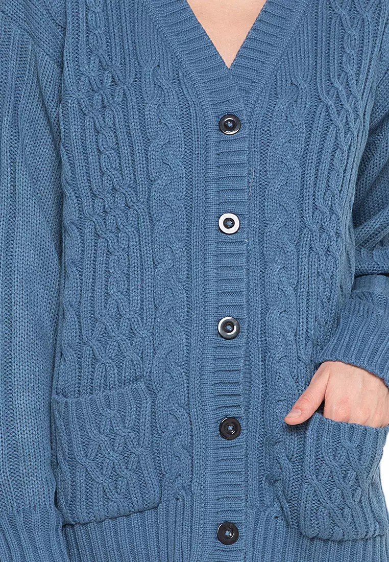 Winifred Kardigan Cable Atasan Wanita Long Sleeves Oversize Relaxed Fit - Denim