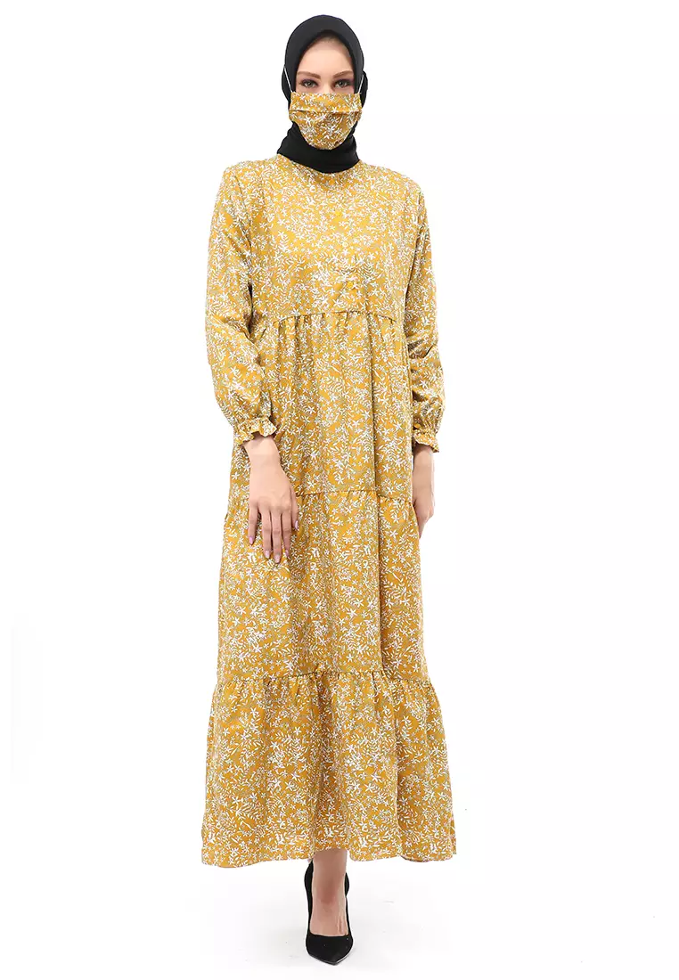 Hani Gamis Homey Long Dress Wanita Lengan Panjang Free Face Mask Regular Fit - 1 Kuning