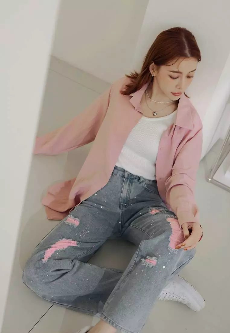 Contrast Splatter Paint Distressed Cotton Denim Jeans [BA7439]
