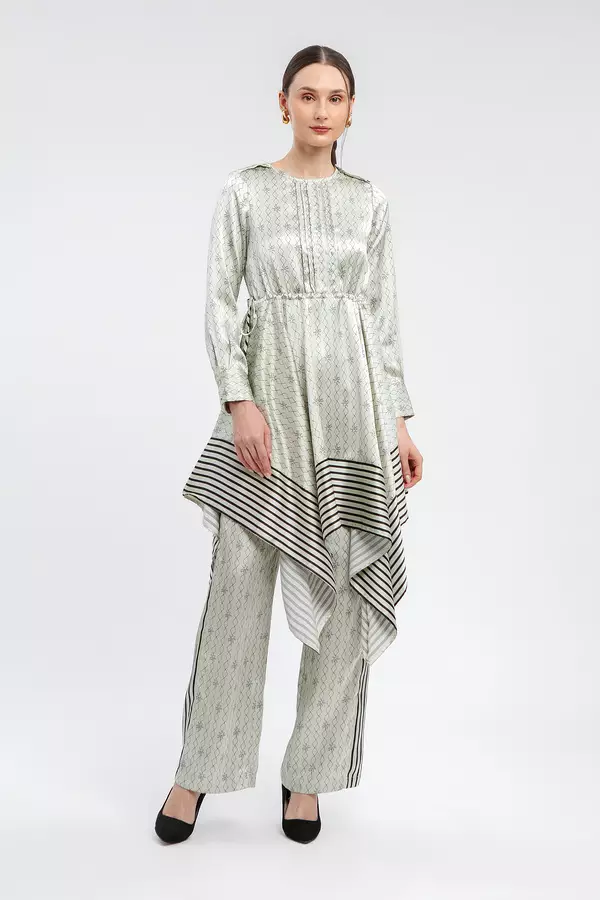 MINIMAL - Saera - Tunik Asimetris Satin Motif Geometris -Grey Warna Beige