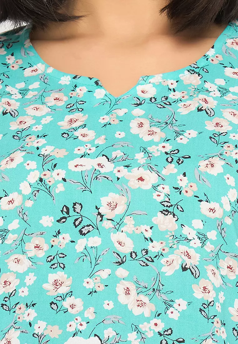 Clovia Floral Print Top & Pyjama Set in Sky Blue - Rayon