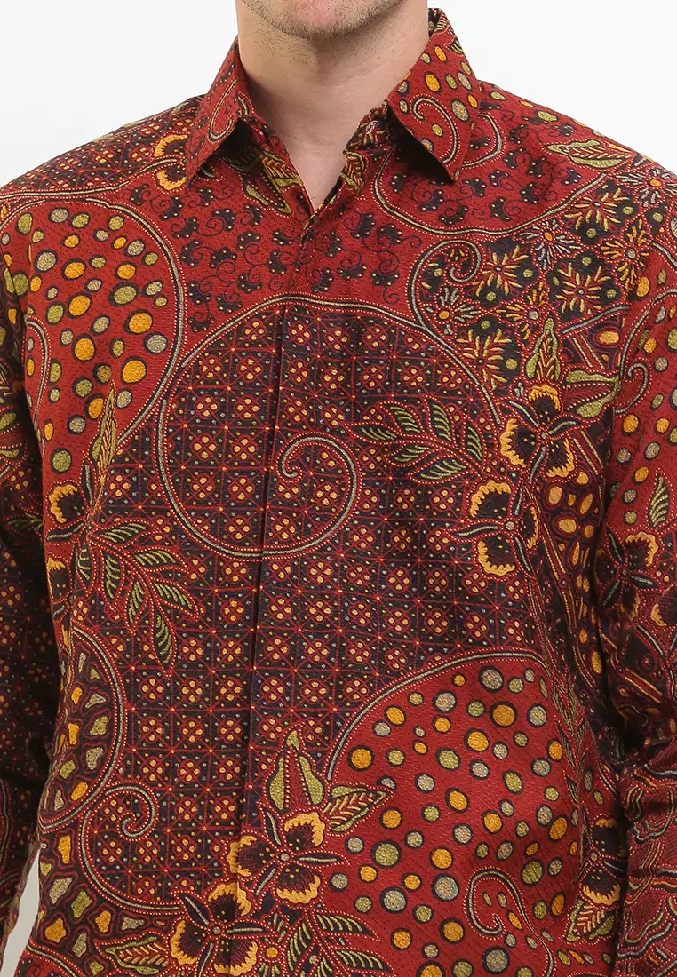 Jual Batik Kedu Kemeja Batik Motif Kotak Jalu Merah Doby Lengan Panjang Original Zalora