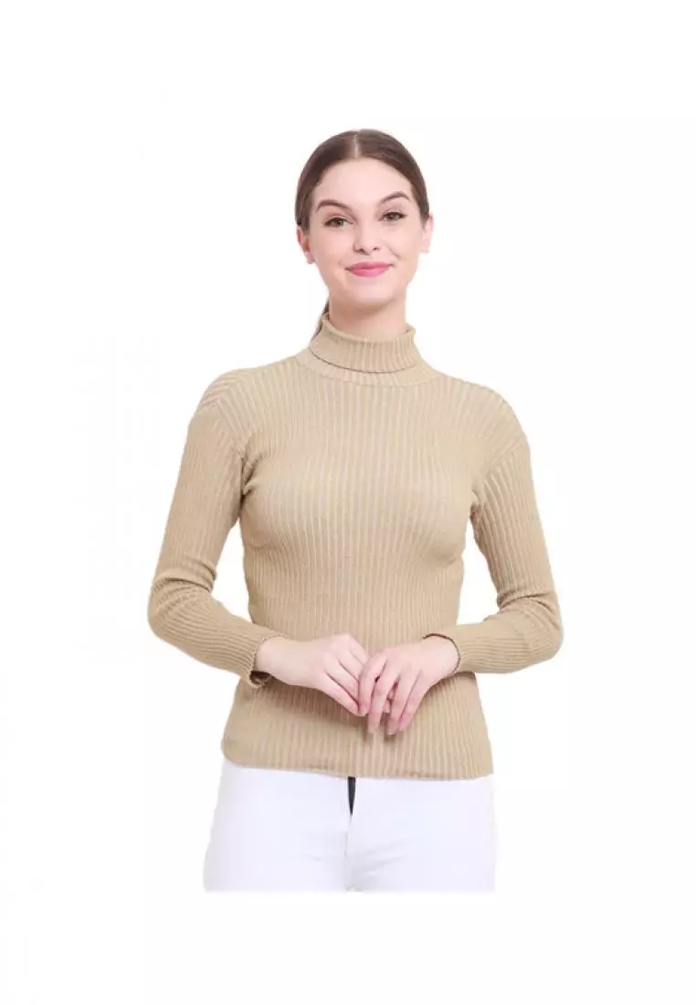 Misel Sweater Rajut Turtle Neck Long Sleeves Atasan Ribbed Wanita - Mocca