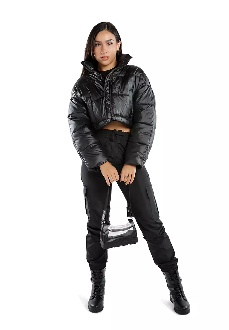 Jaket Puffer Turtleneck Dua Arah Hitam yang Dapat Dilepas