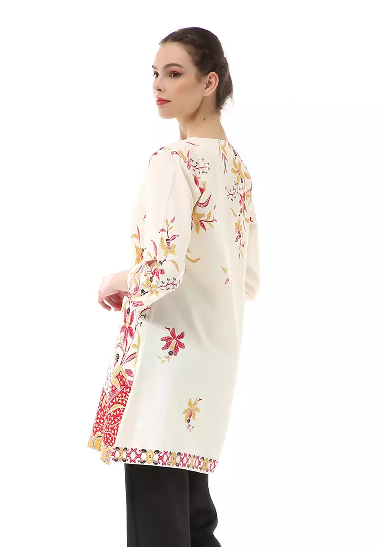 Olaf Atasan Batik Wanita Tunik Traditional Motive Simple Design Material Cotton ORIGINAL - White Red
