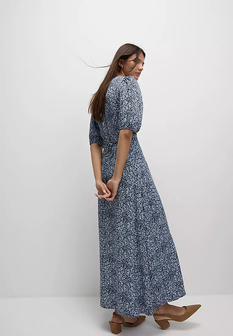 Printed V-Neck Puff Sleeve Midi Tea Dress