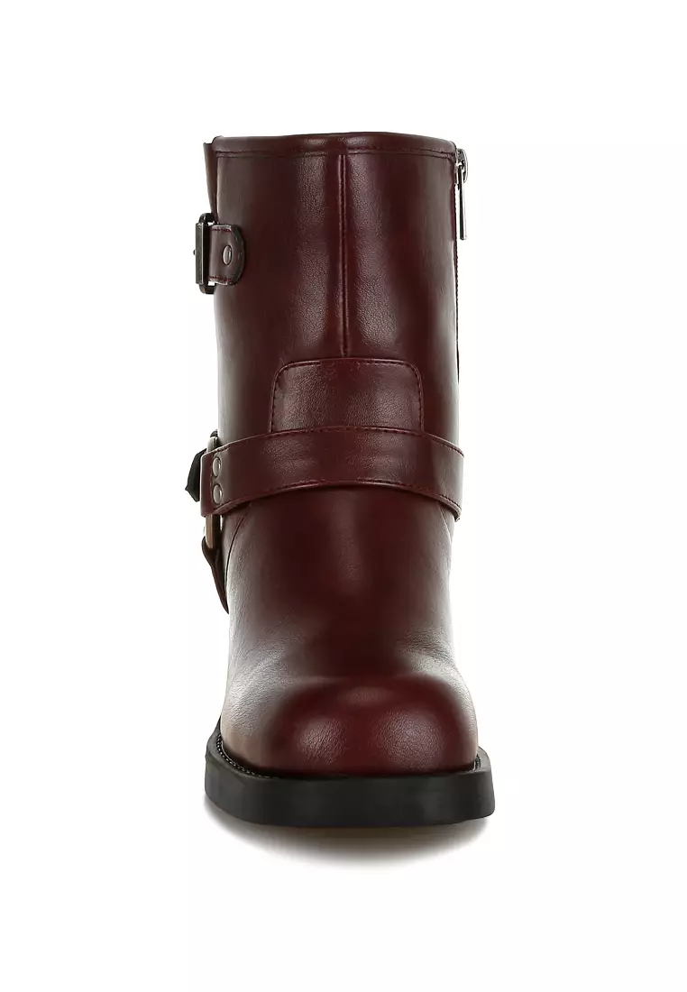 Harness Detail Biker Boots in Burgundy