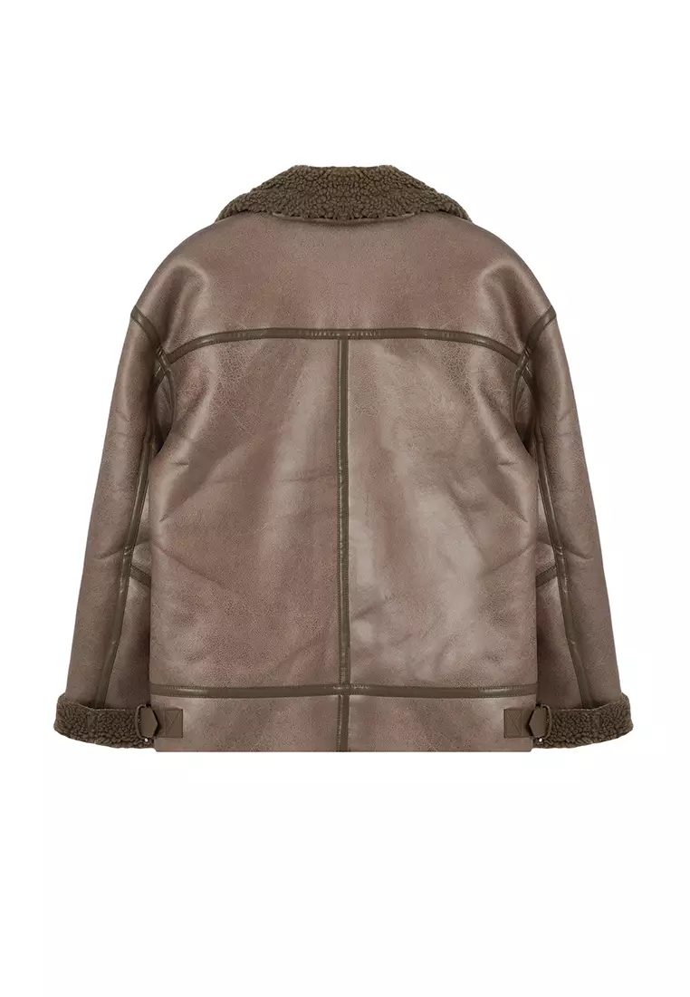 Mink Coat Collar with Belt Detail Plush Suede Biker Jacket Coat TWOAW25MO00011