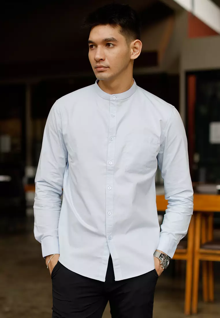 Oxcon Collarless Long Sleeve Business Shirt soft cotton Light Blue