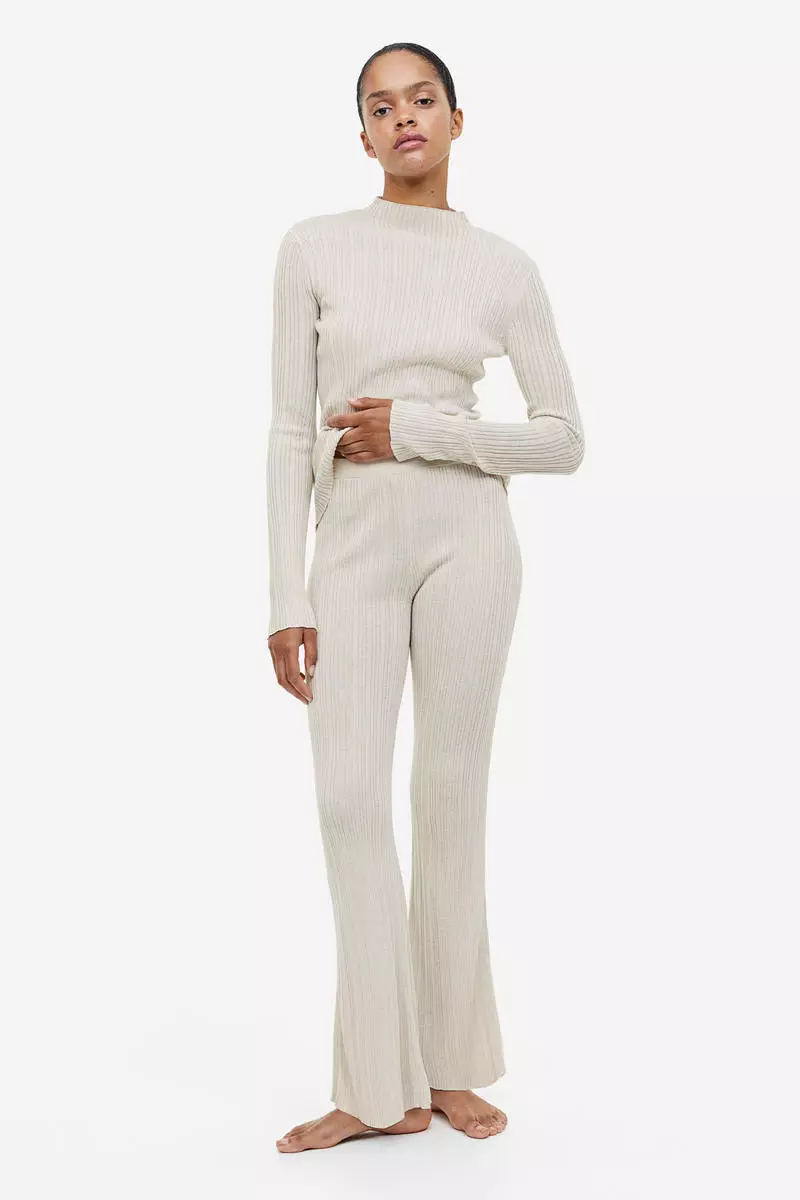 Rib-knit flared trousers