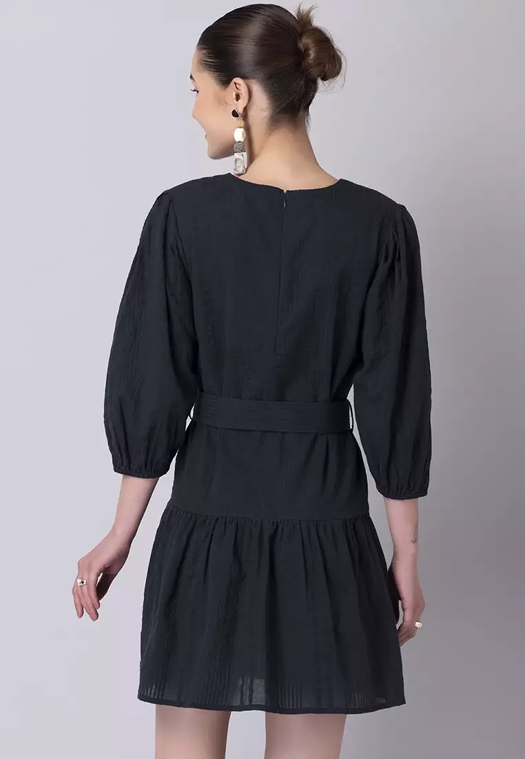 Navy Blue Cotton Shift Dress With Belt