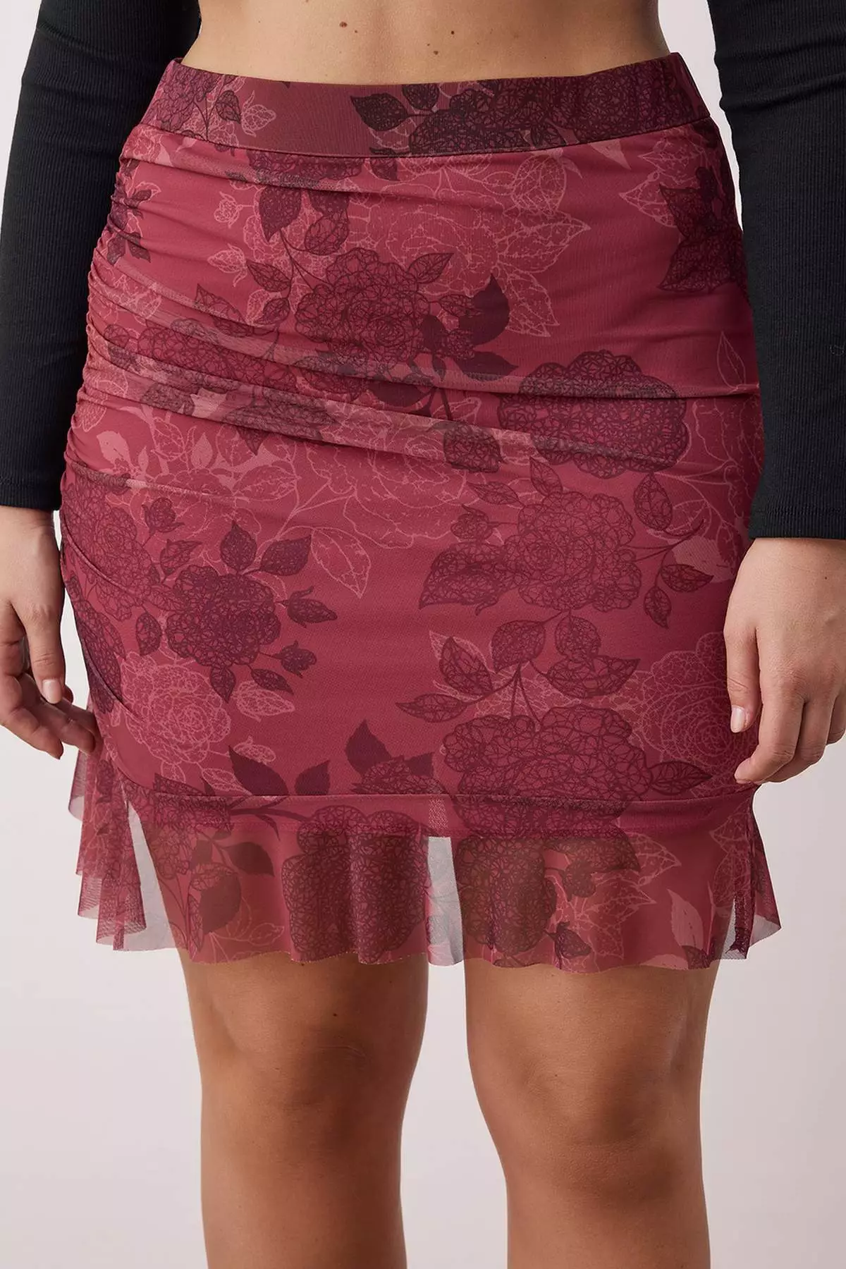 Burgundy Floral Mini Knitted Plus Size Skirt