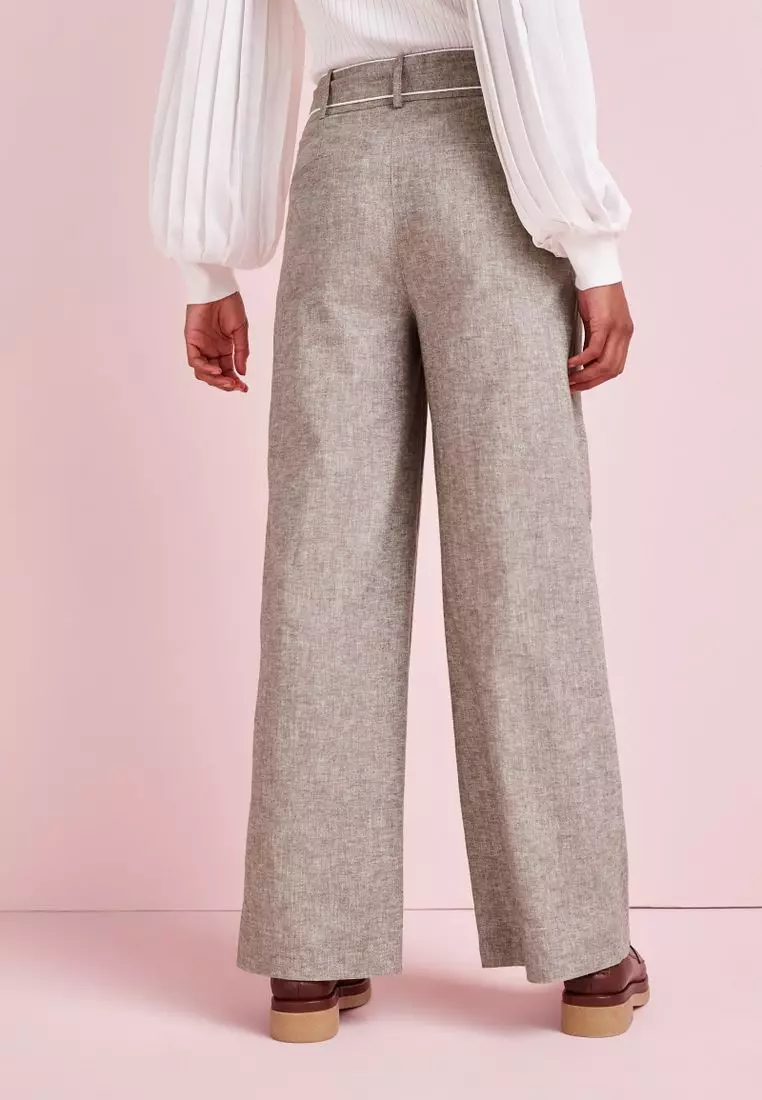 Linen Mix Belted Smart Wide Leg Trousers
