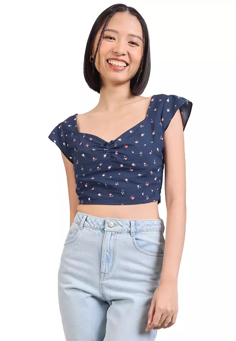JUST G Ditsy Floral Sweetheart Top With Bow Detail