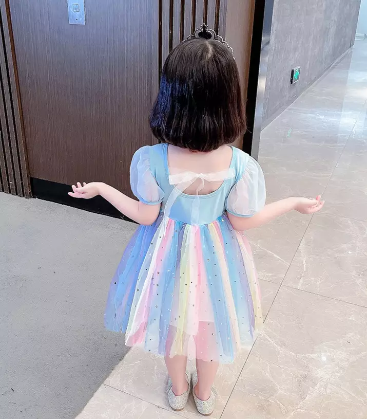 Wakakids Dress Anak Perempuan Lengan Pendek Karakter Frozen Gaun Sequin Tutu Rainbow 4491 Venrz Biru