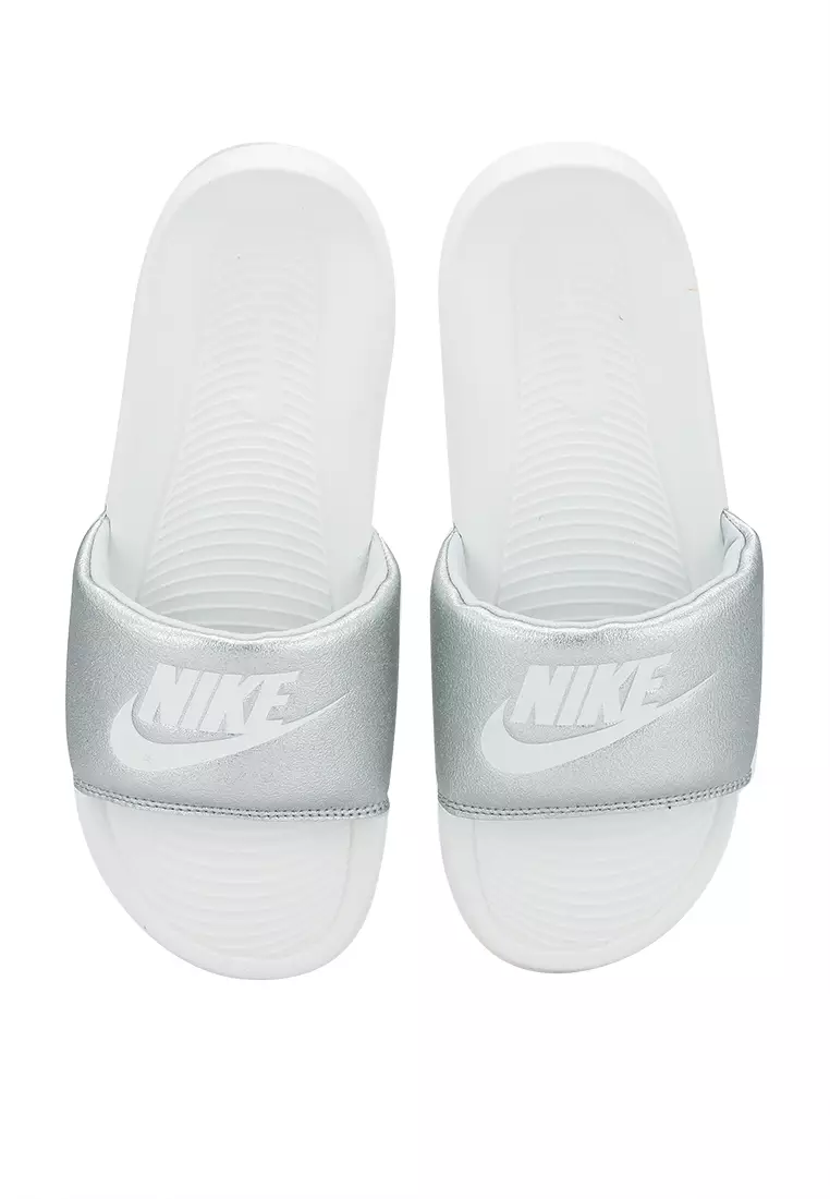 nike silver sliders