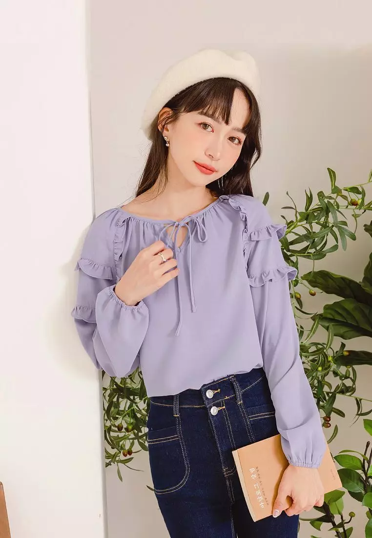 Sweet Bow Tie Ruffle Trim Long Puff Sleeve Top [AB17751]
