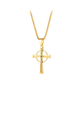 Glamorousky white Fashion Classic Plated Gold 316L Stainless Steel Cross Round Pendant with Cubic Zirconia and Necklace E73C9ACBADAAE2GS_1
