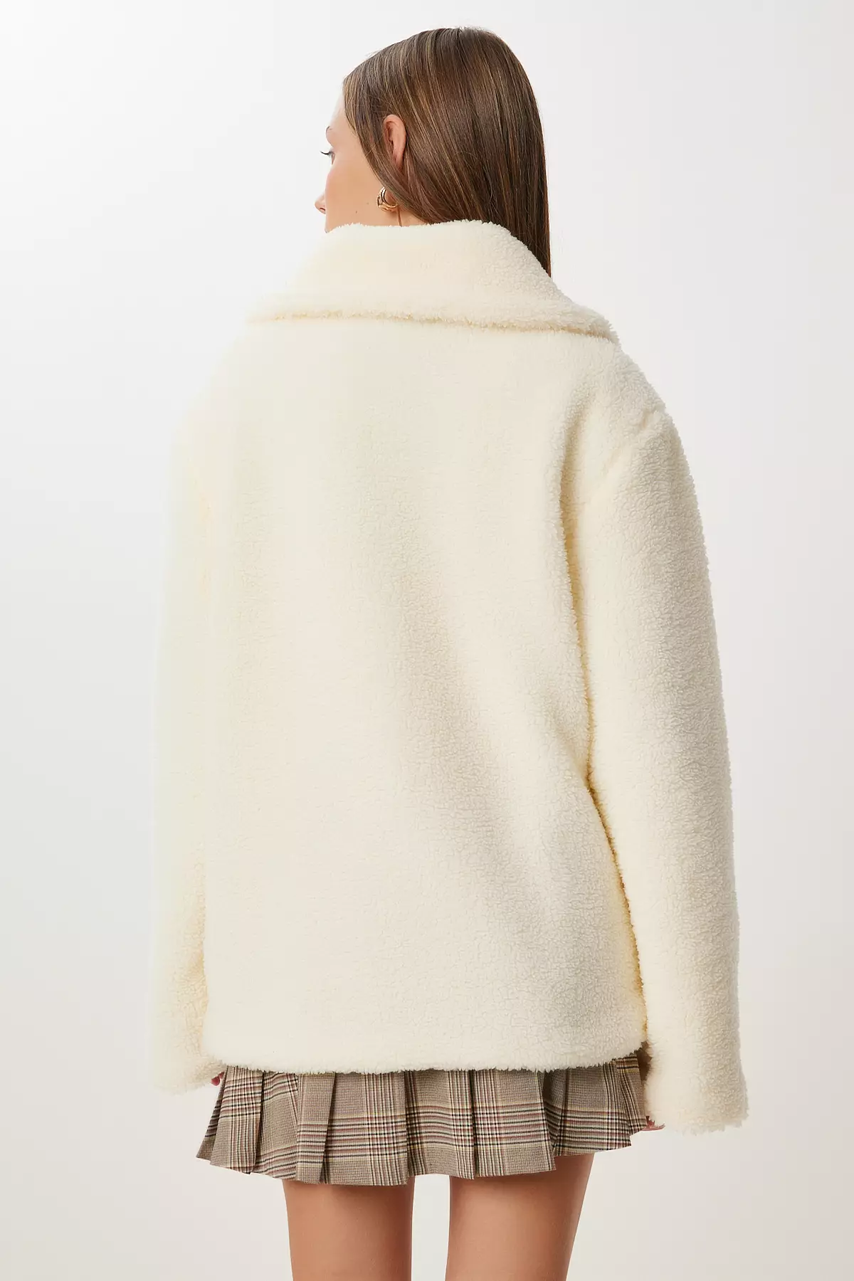 Women's Bone Polo Collar Pocket Plush Coat Gk00023