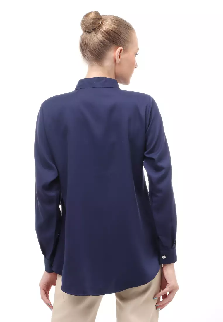 Blouse Atasan Wanita Motif Polos Design Simple Front Button Opening Regular Fit - Navy