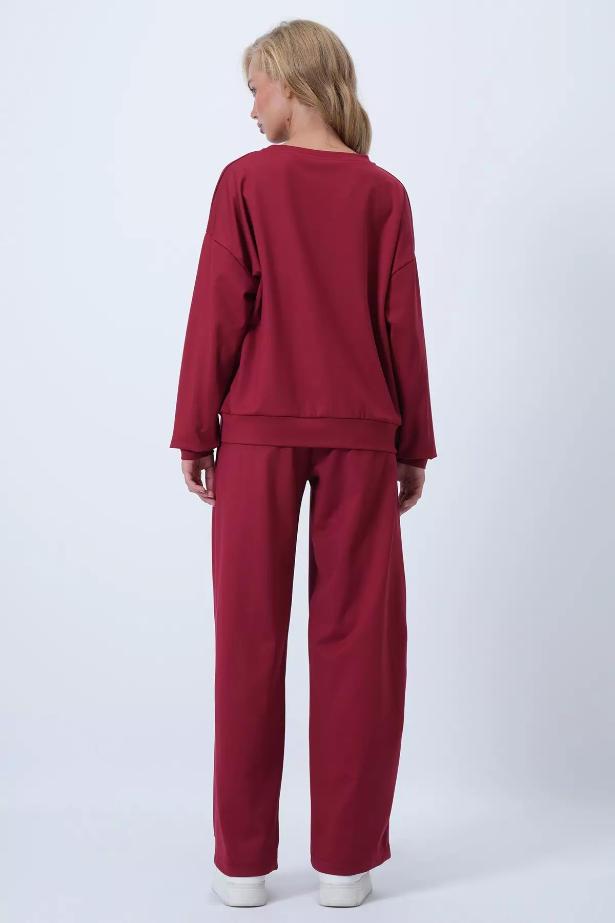 Burgundy Crew Neck Blouse With Ribbed Front Stitching And Double Pocket Trousers Set Alc-X14543