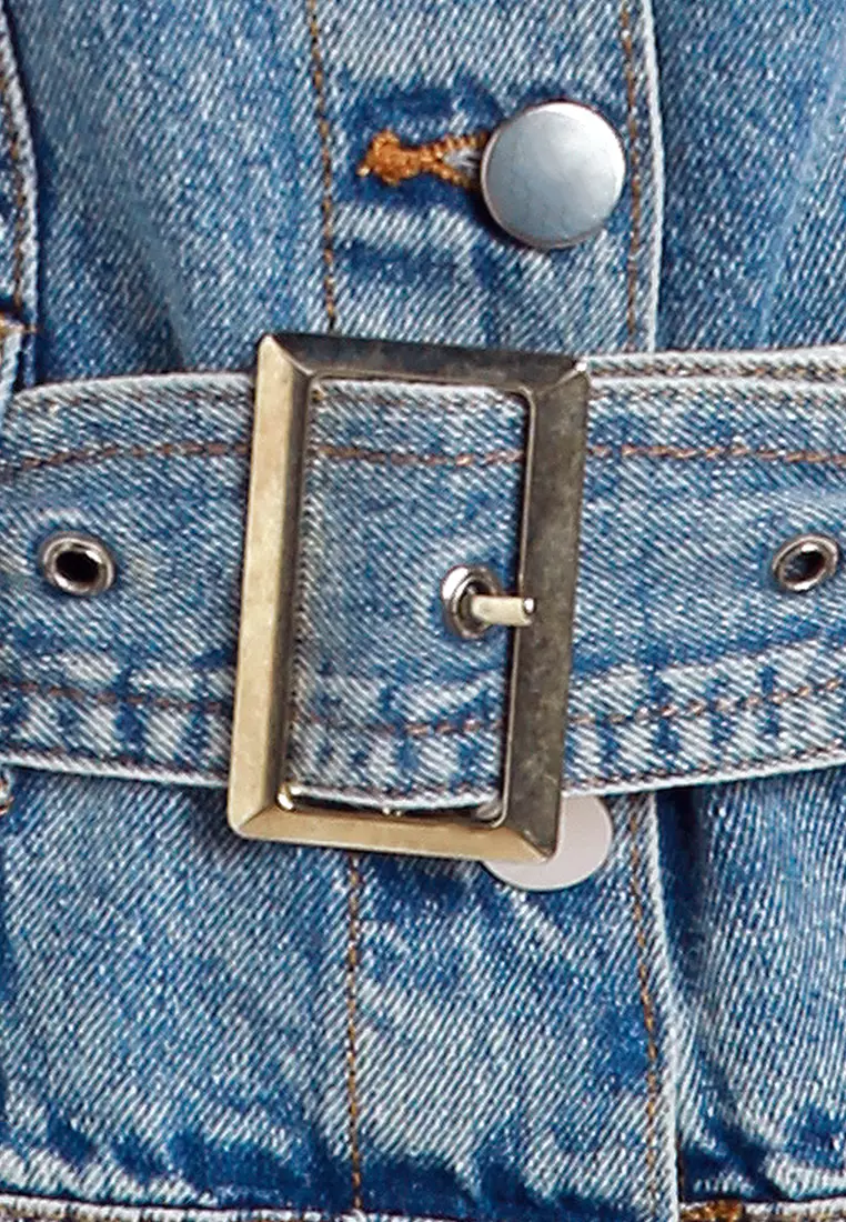 Kantong Denim Berikat Lengan Balon Biru Muda