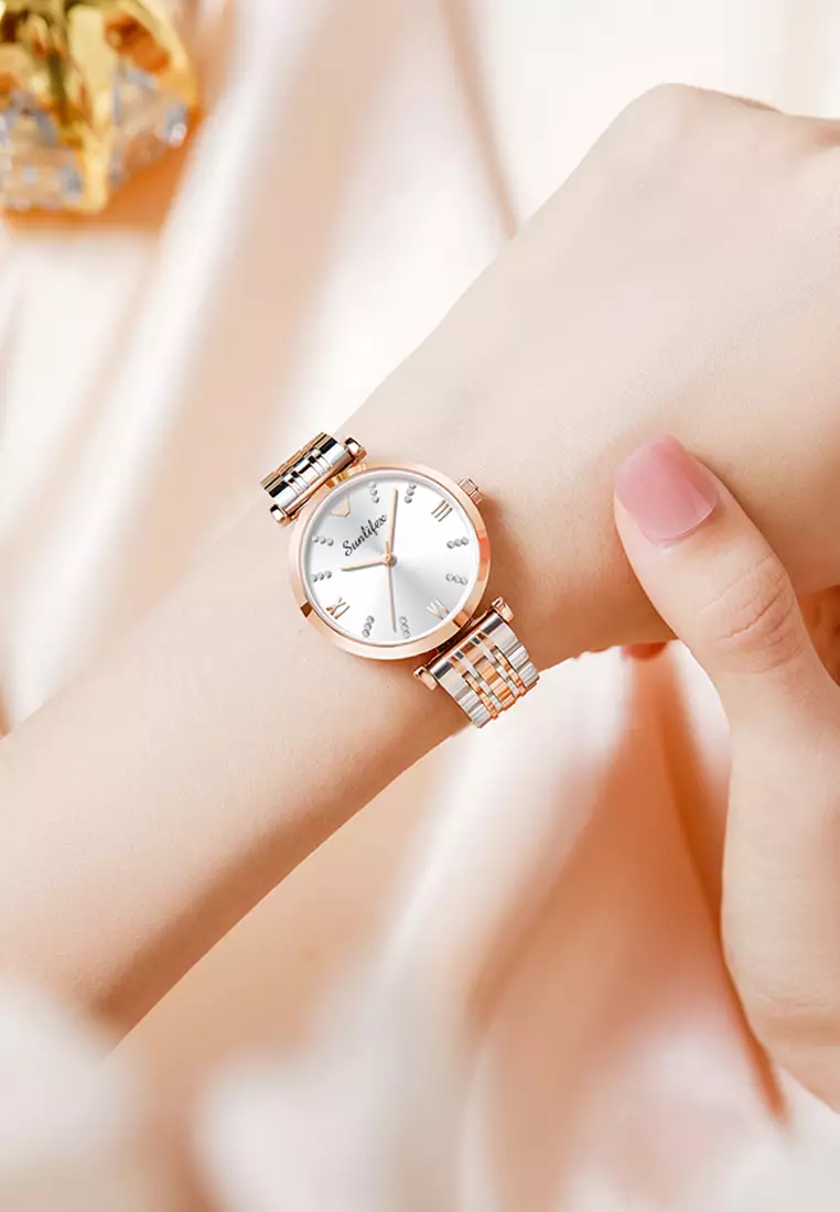 Jam Tangan Wanita Berlian 9018 Original Anggun Santai Wanita Tali Stainless Steel Jam Tangan Cewek rose white