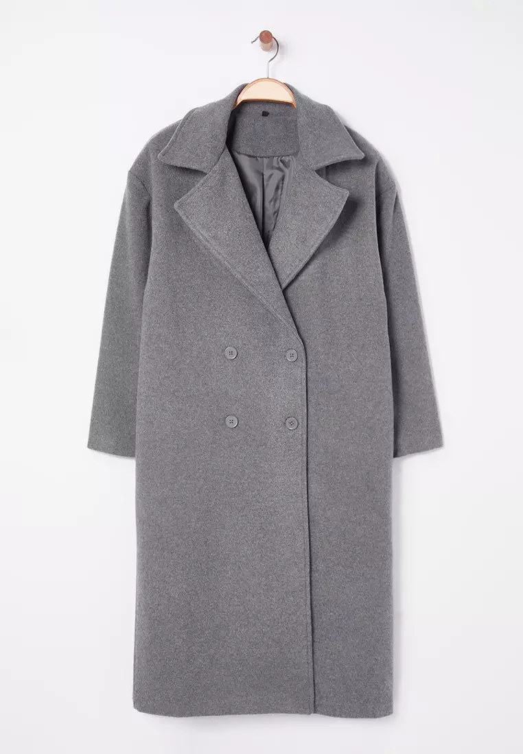 Gray Oversize Wide Cut Long Wool Cashmere Coat TWOAW21KB0038