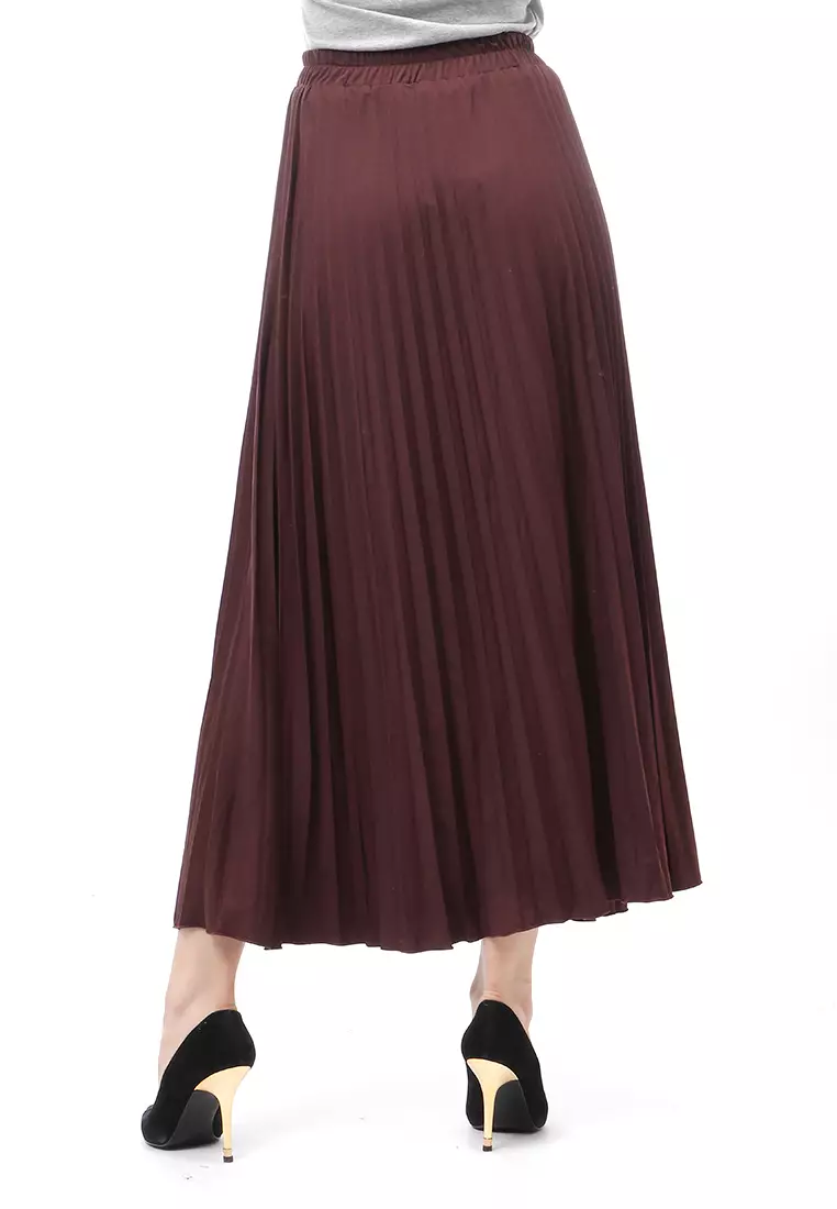 Skirt Plisket Bawahan Wanita Motif Polos Relaxed Fit - Coklat Tua