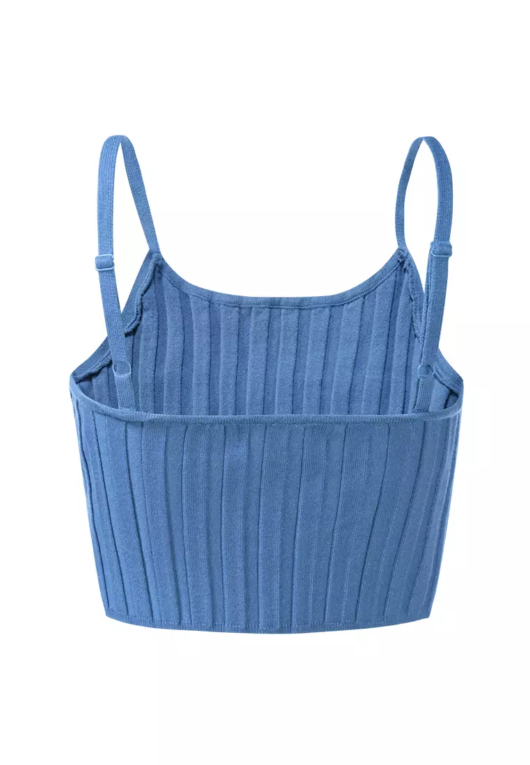 Rib Knit Spaghetti Crop Top dalam Denim Blue