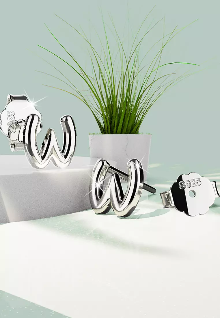 Solid 925 Sterling Silver Initial Alphabet Personalised Stud Earrings- W