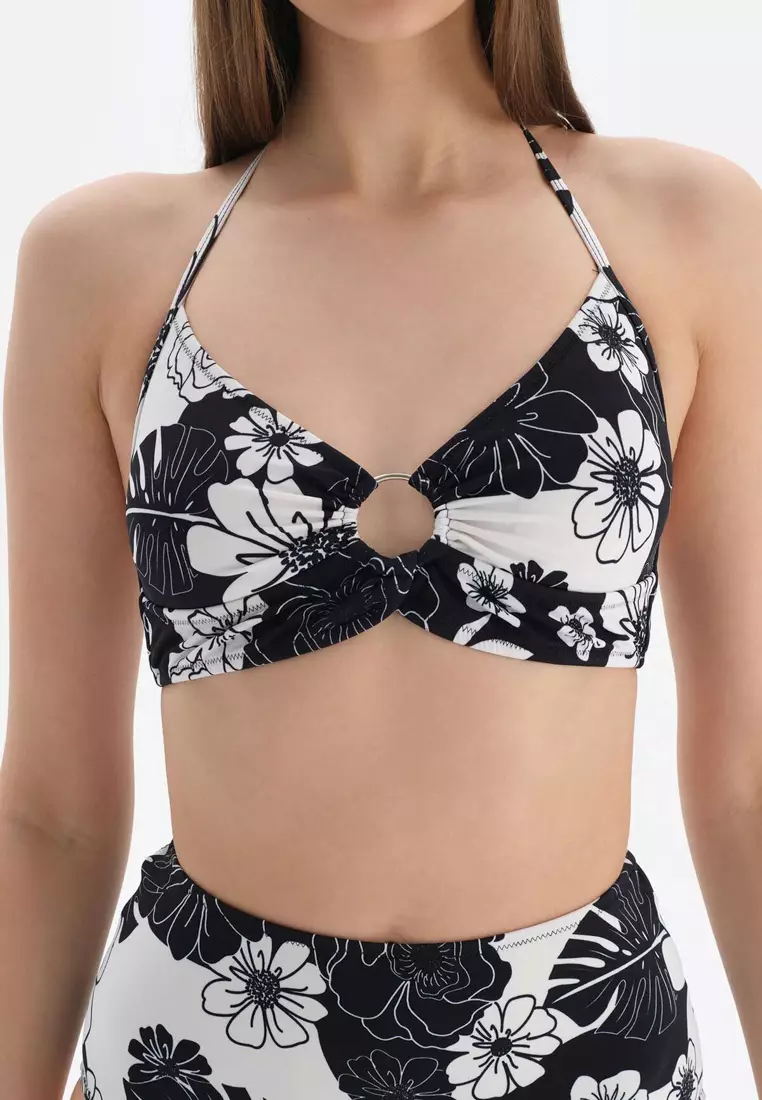 Black - White Triangle Tops, Floral, Triangle Wide, Removable Padding, Non-wired, Swimwear for Women