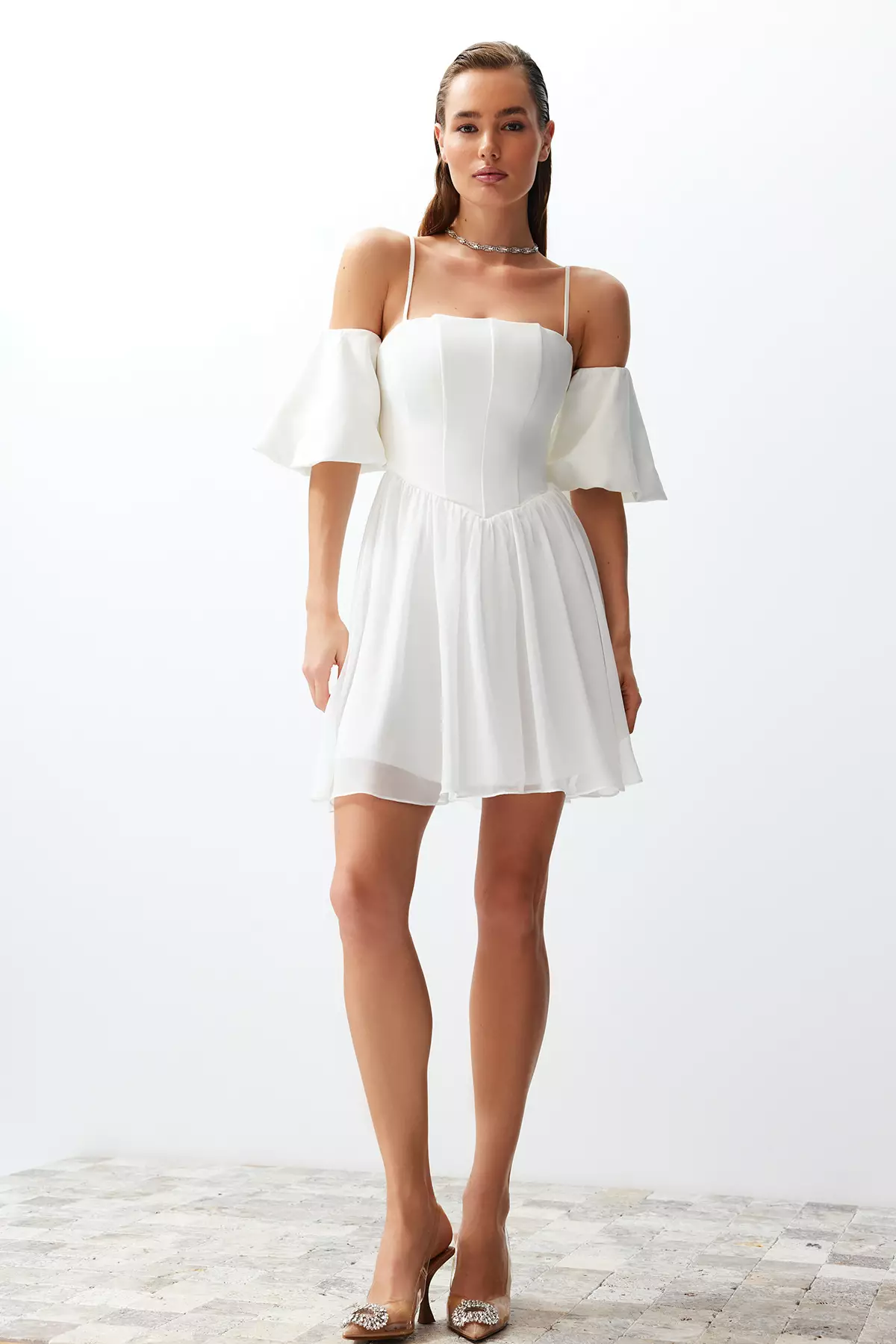 A-Cut Corset Detailed Short Elegant Evening Dress