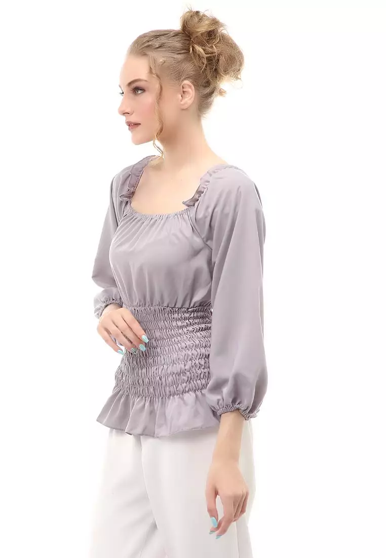 Cheva Blouse Atasan Wanita Sabrina Karet Pinggang Lengan Panjang Casual Shirt Long Sleeve Material Wolfis ORIGINAL - Gray