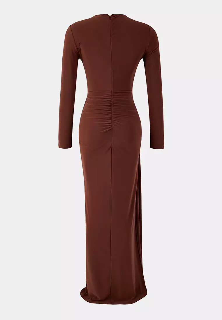 Brown Collar Cut Out Detailed Maxi Evening Dress & Graduation Dress Tprss26Ae2