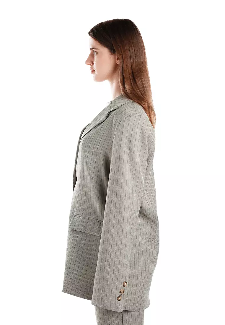 Blazer Besar Berstruktur Herringbone Warna Taupe