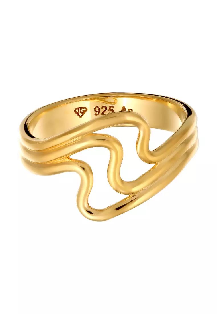 Cincin Perhiasan Perak 925 Wanita Waves Gold Plated
