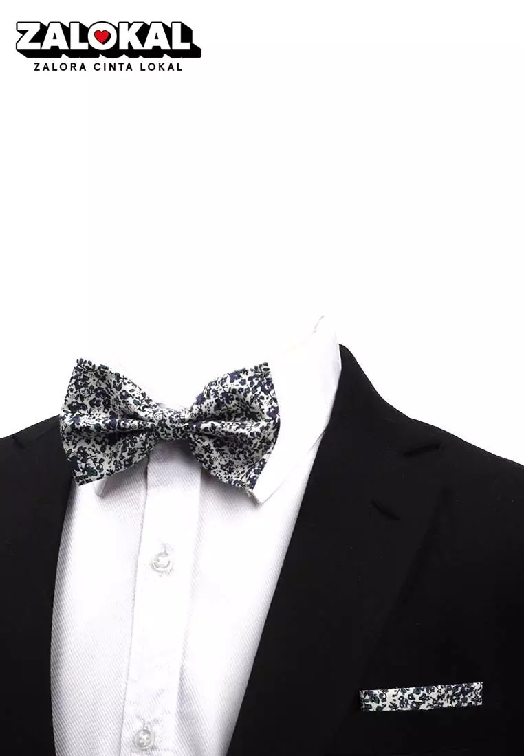 Houseofcuff Dasi Kupu Bowtie Pocket Square Saputangan Hitam Bunga A38