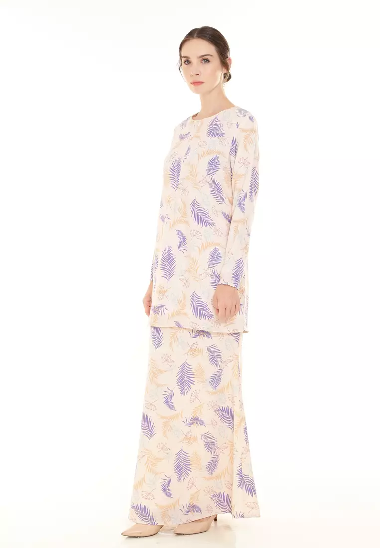 Rina Printed Kurung in Nude Purple Blue Leaf