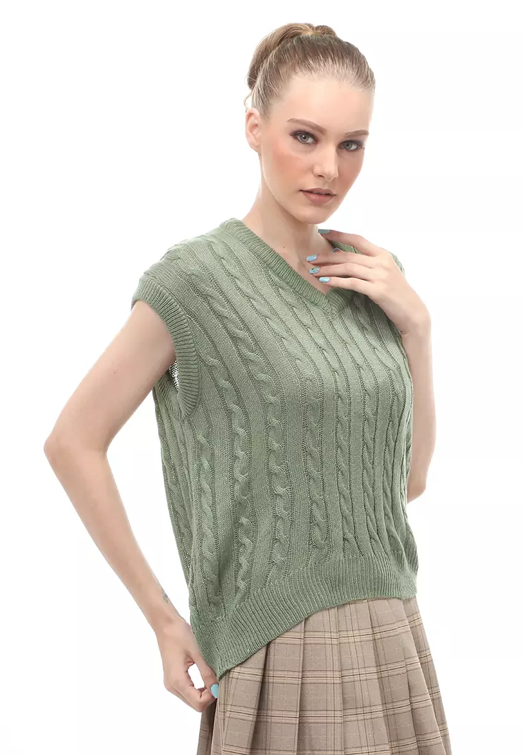 Urice Vest Rajut Atasan Wanita V-neck Sleeves Design Elegant - Matcha