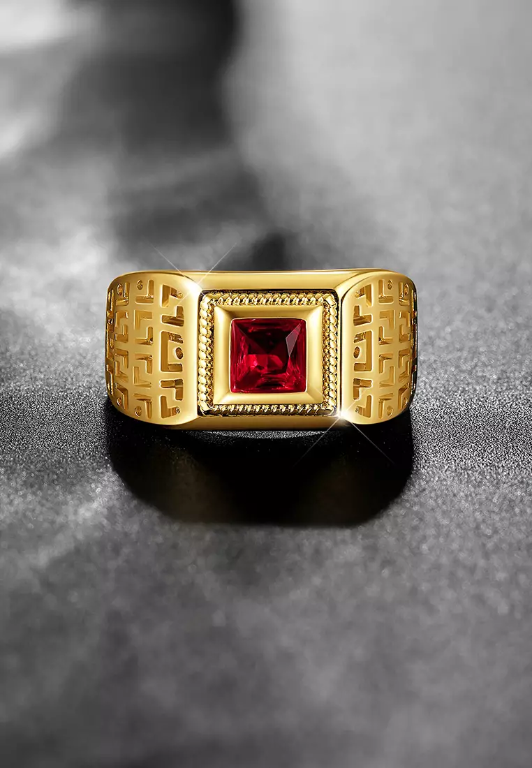 Cincin Pria Red Zircon Cincin Titanium Anti Karat Cincin Cowok