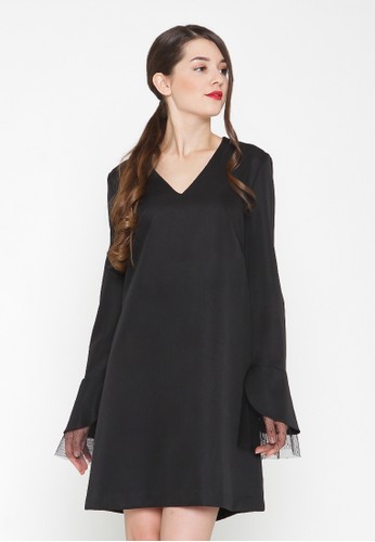 RANIA LONG SLEEVE V NECK DRESS WITH BELL CUFF