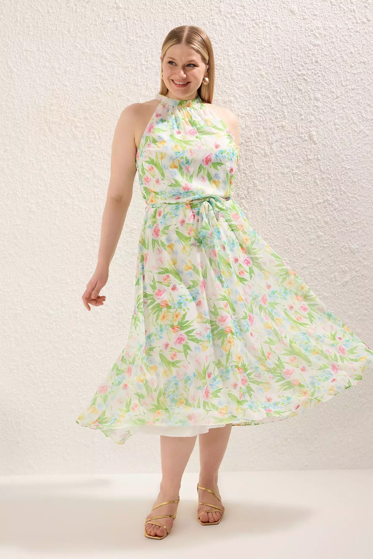 Ecru Chiffon Floral Lined Halter Neck Midi Woven Plus Size Dress TBBSS25AH00024