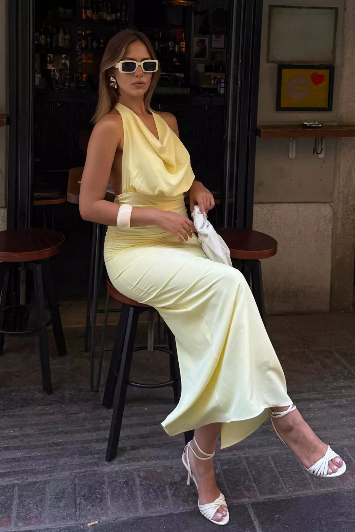 Light Yellow Cowl Neck Woven Evening Dress & Graduation Dress